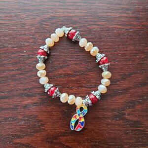 New Autism Awareness Bracelet – Red & Cream Beaded Stretch Charm